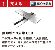 支える 動作を見る 直動転がり支承 CLB THK「LMガイド」を使用した免震装置。建物を支え、軽く滑らかな動きで様々な地震に対応します。