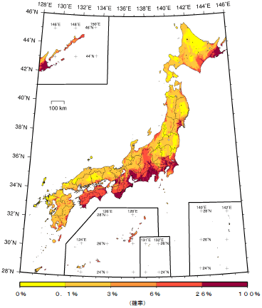 今後30年以内に震度6弱以上の揺れに見舞われる確率分布図